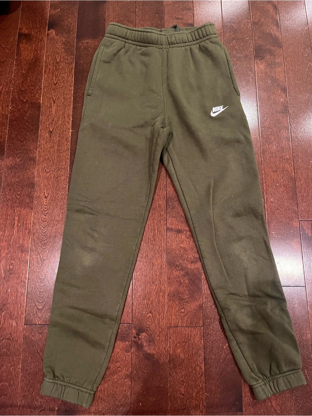 Nike Kids Olive Green Fleece Joggers with White Swoosh
